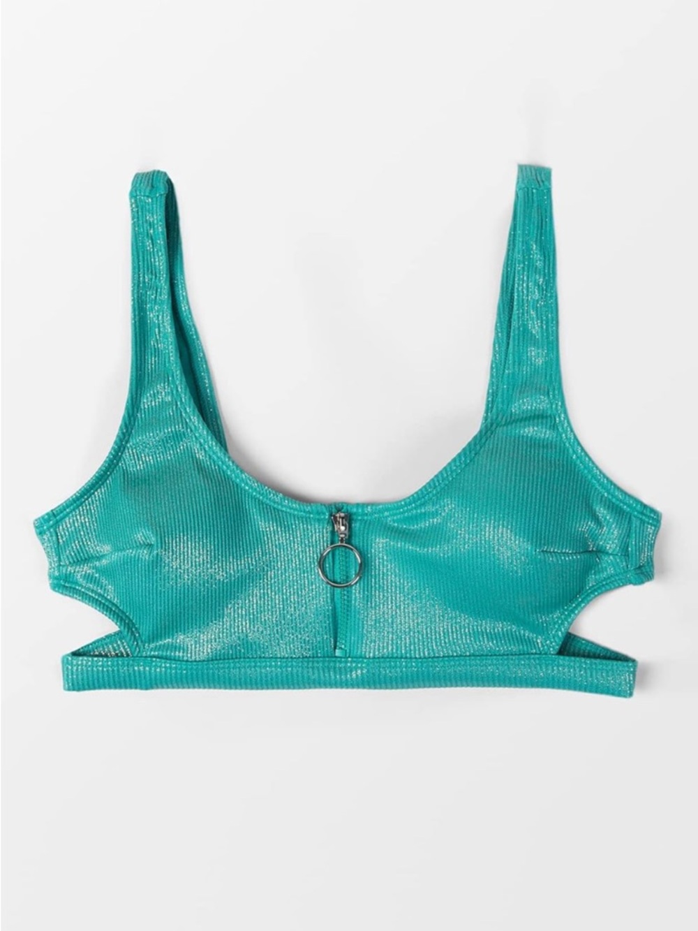NWT Cupshe Teal Shimmer Ribbed Zip-Front Bikini Top, Turquoise, Glitter